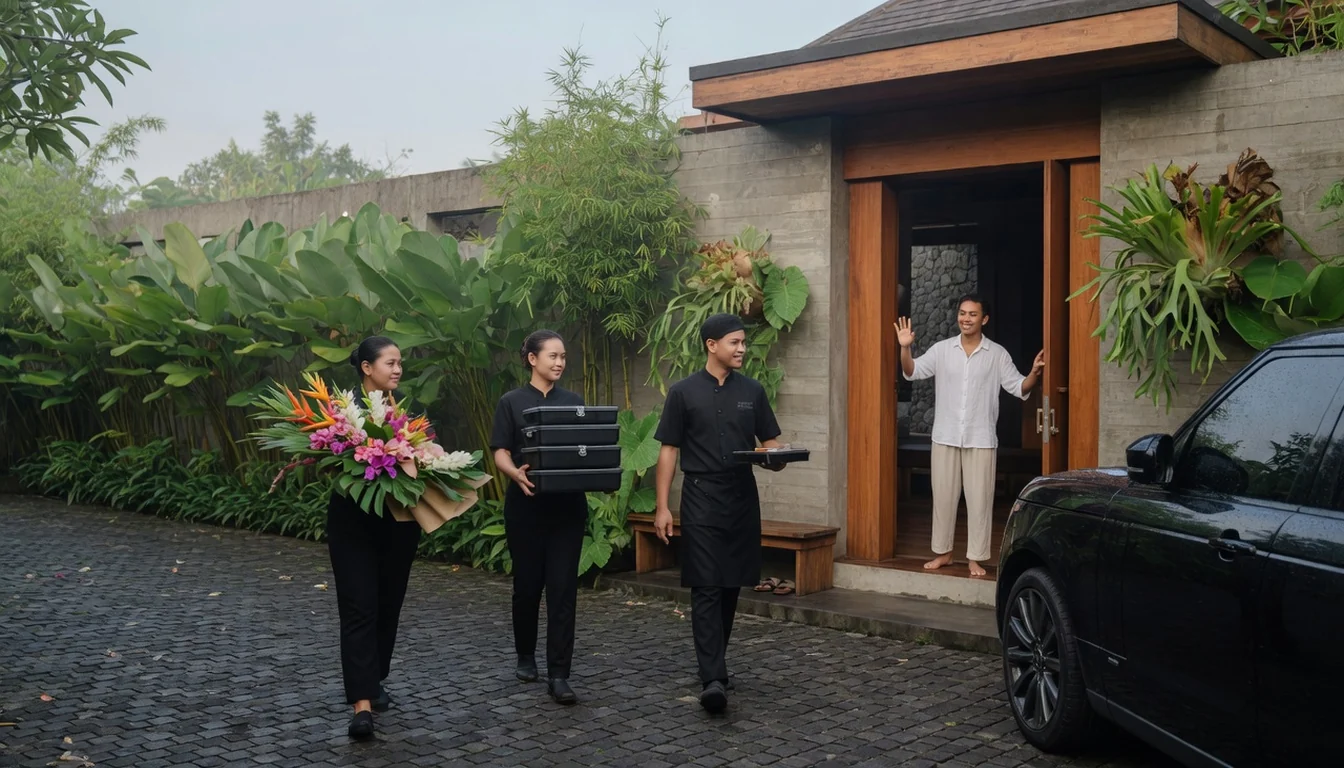 Private chef Bali team arriving at a luxury villa entrance with ingredient boxes and flowers