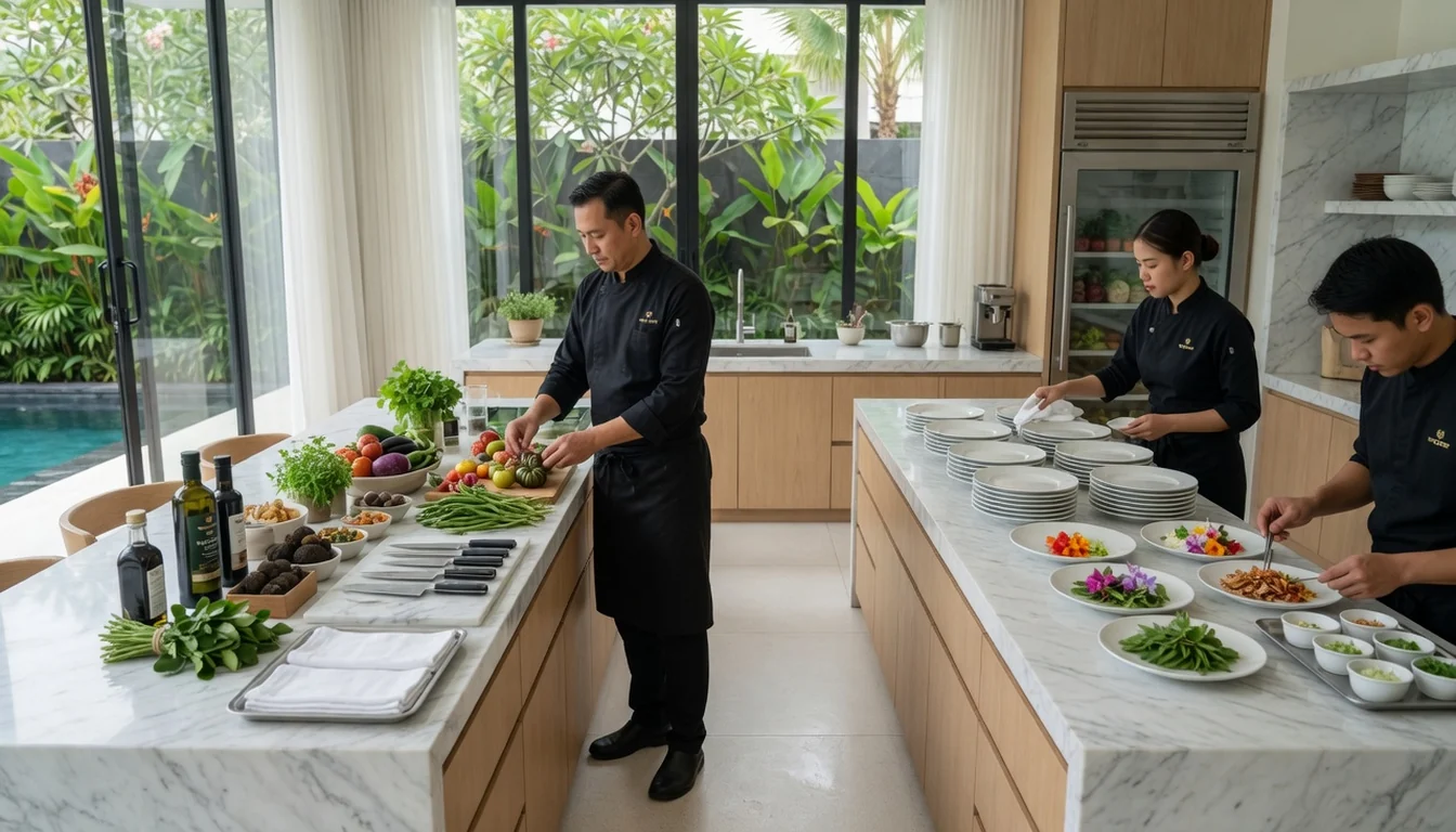 Professional private chef kitchen preparation in a luxury Bali villa