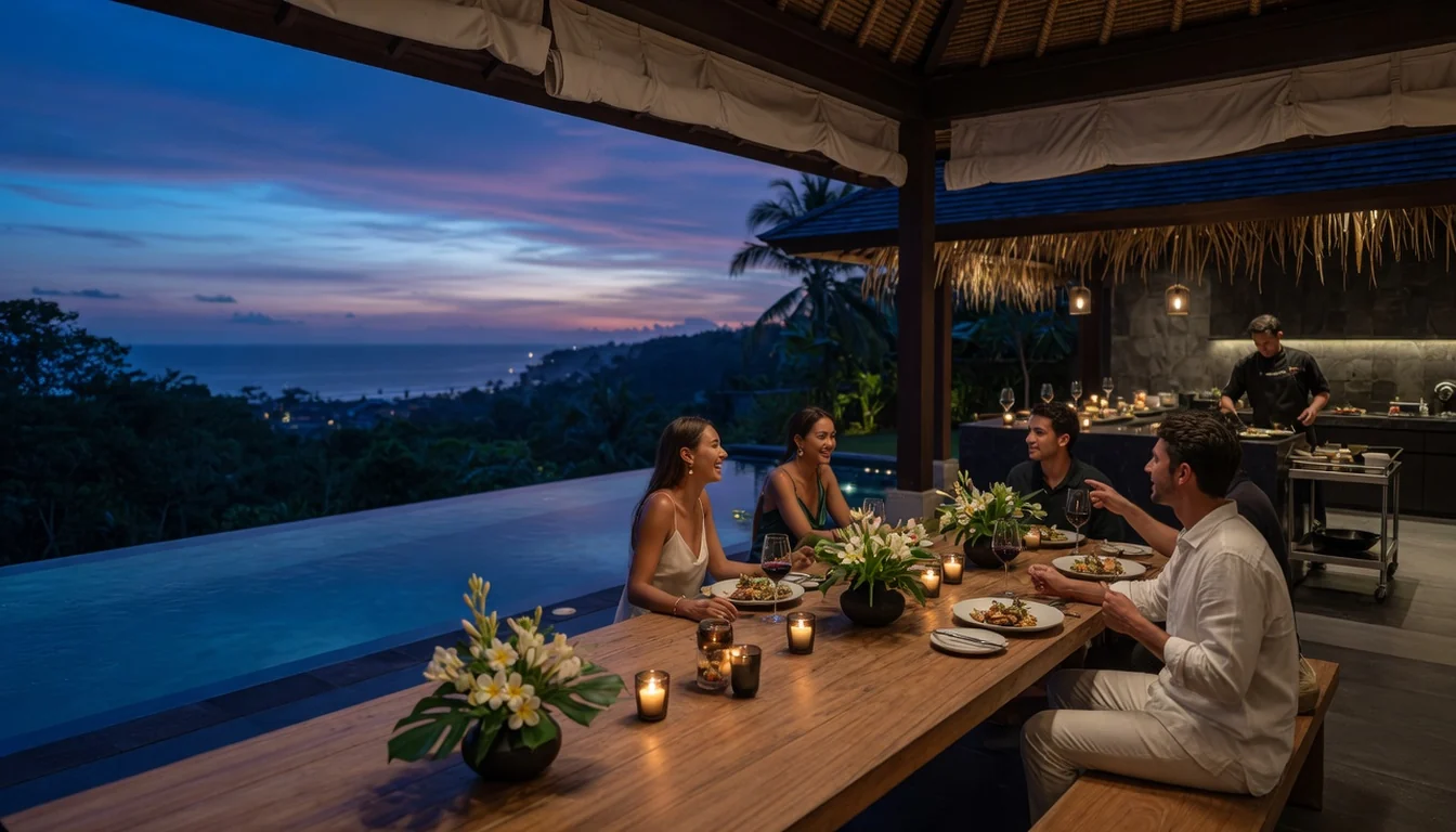Luxury outdoor villa dinner at blue hour with private chef service in the background