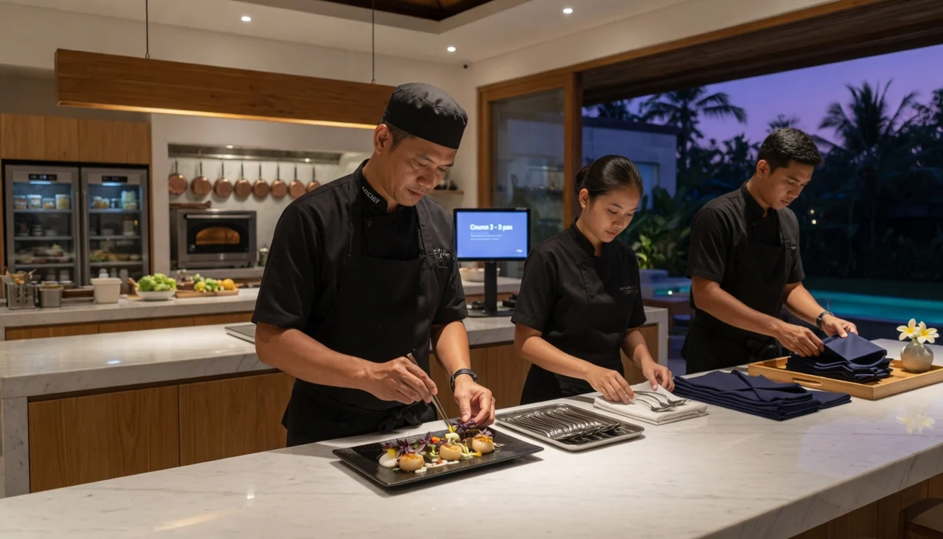 Private chef team plating and polishing cutlery in a luxury Bali villa kitchen