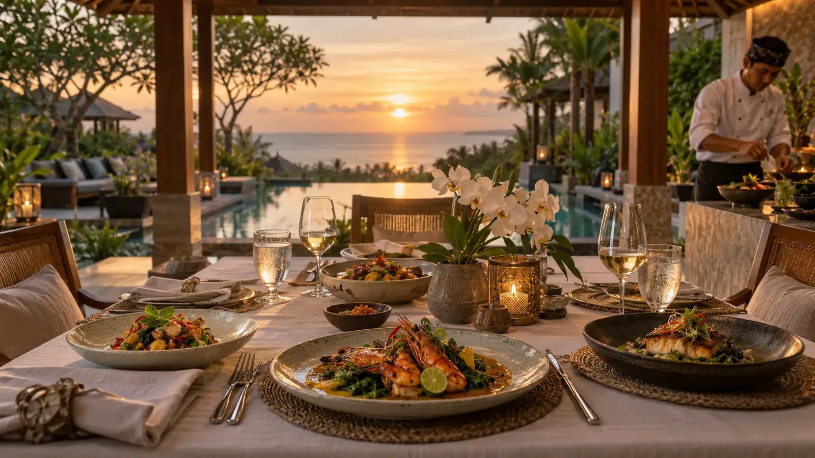 An elegant private dining table prepared for an evening at a tropical Bali villa