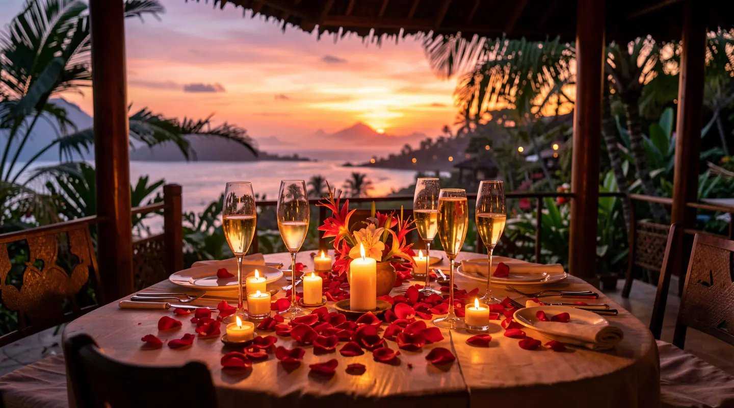 Romantic candlelit dinner setting prepared for a Bali villa proposal