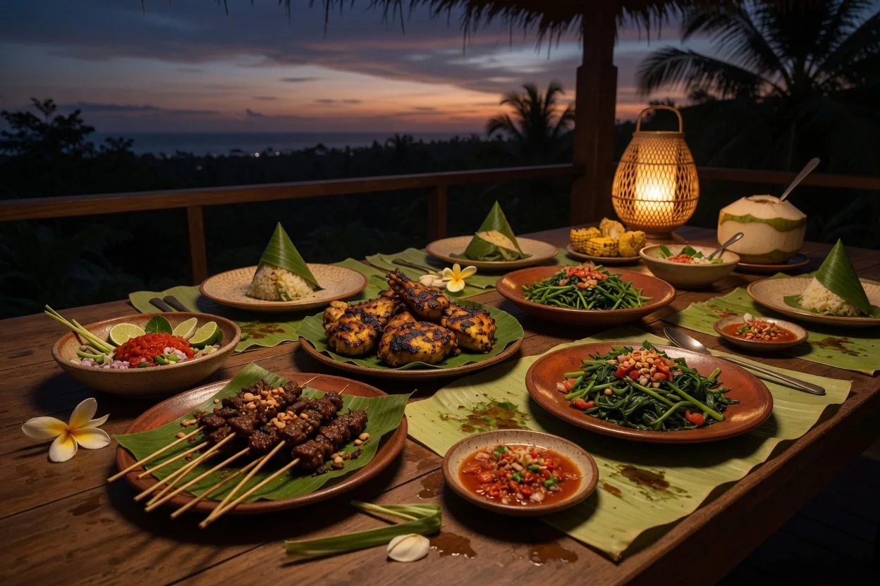 Seafood on a charcoal grill at a south Lombok cliff villa at sunset