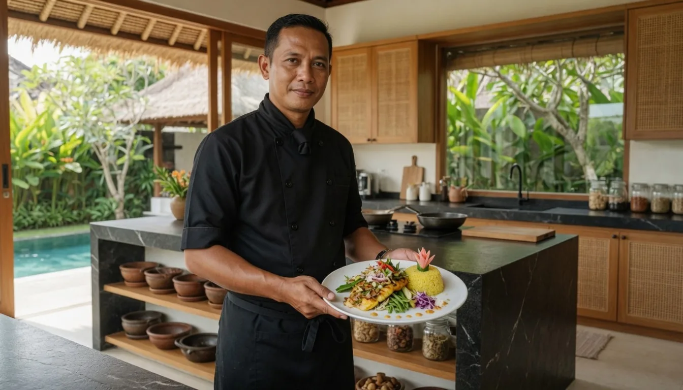 Professional Indonesian chef in black uniform presenting a finished plate in a premium Bali villa kitchen