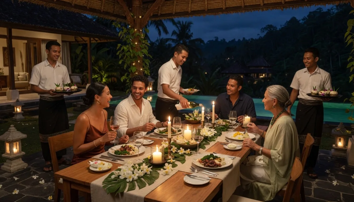 Guests at a refined private chef dinner in Bali with attentive waiter service