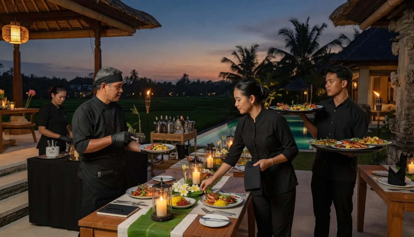 myCHEF hospitality team coordinating villa dinner service with calm professional presence