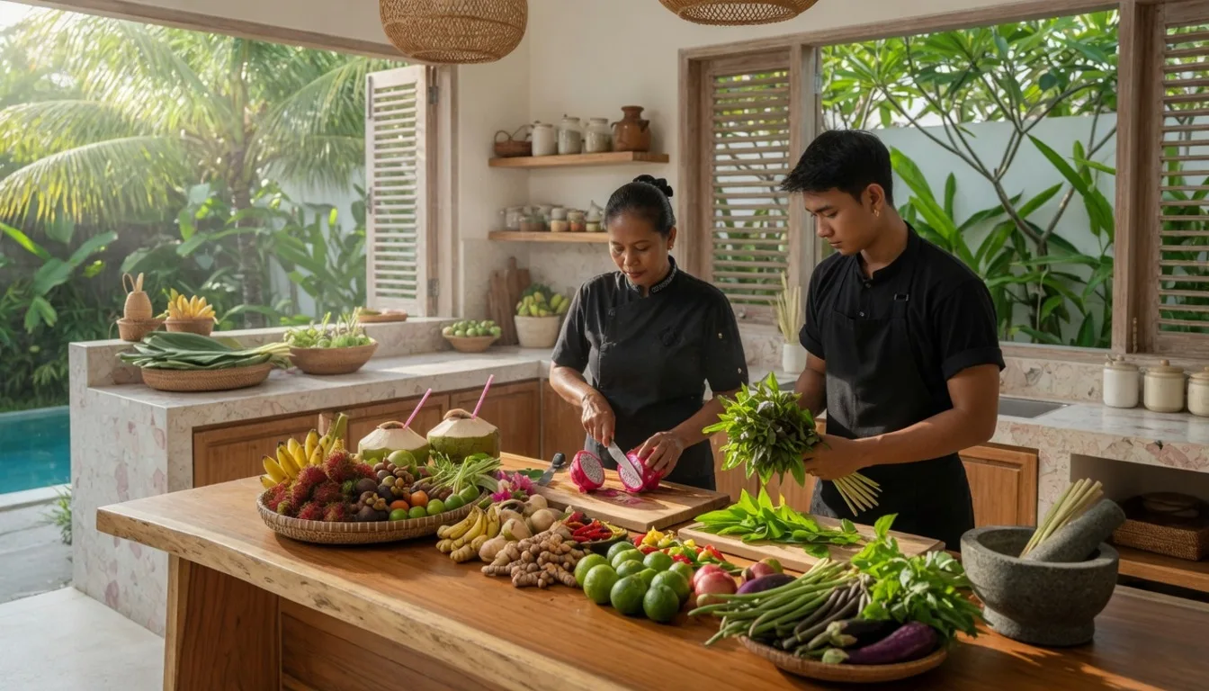 Private chef and assistant preparing fresh market ingredients in a bright Bali villa kitchen
