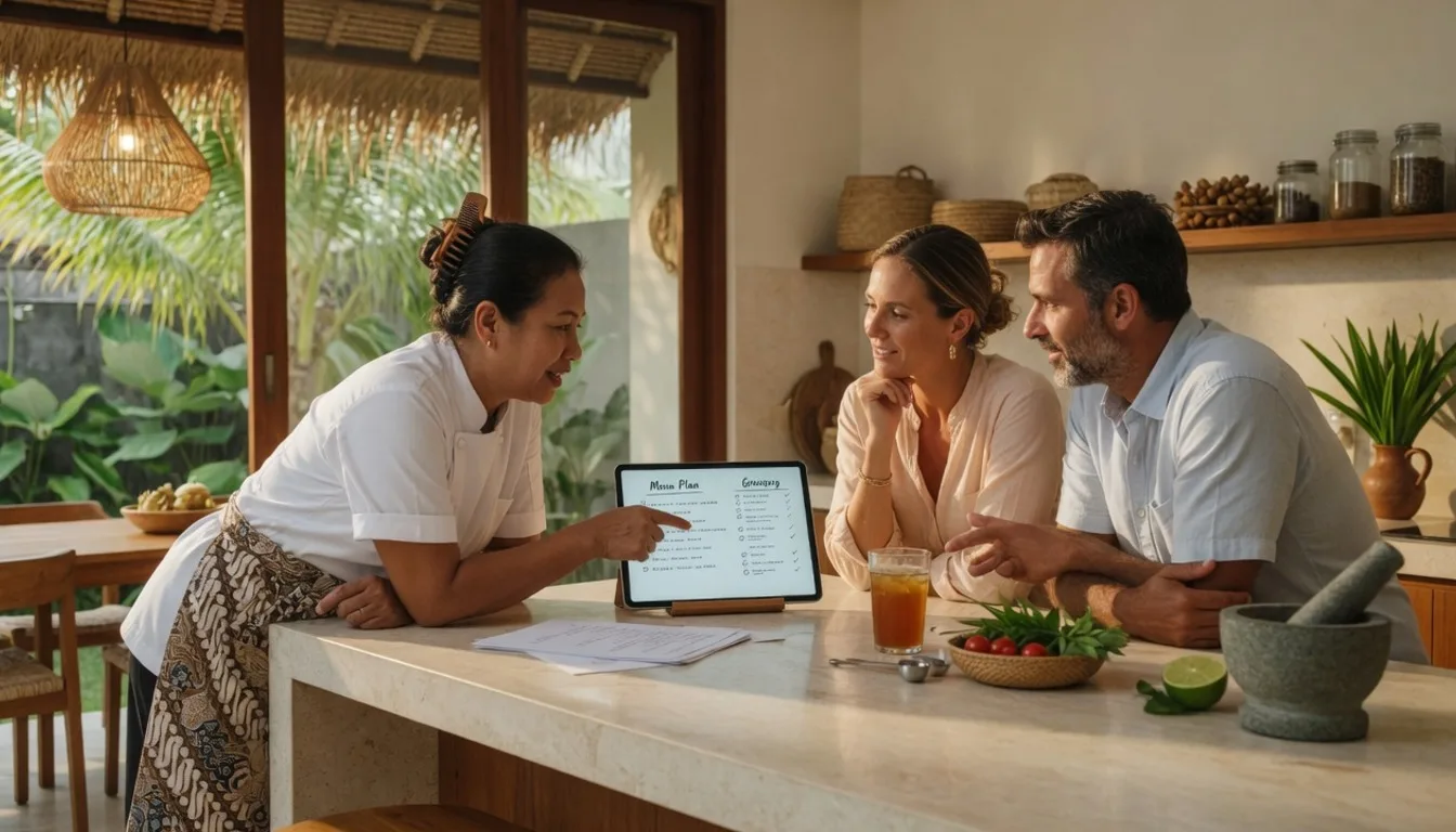 Chef consulting with hosts over a villa menu plan and grocery list in Bali