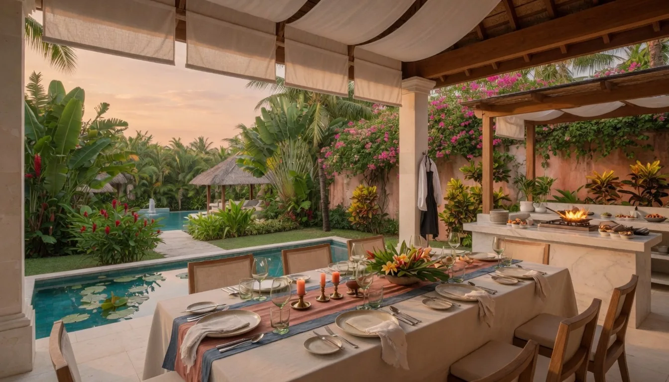 Open-air luxury villa dining room overlooking tropical gardens prepared for private service