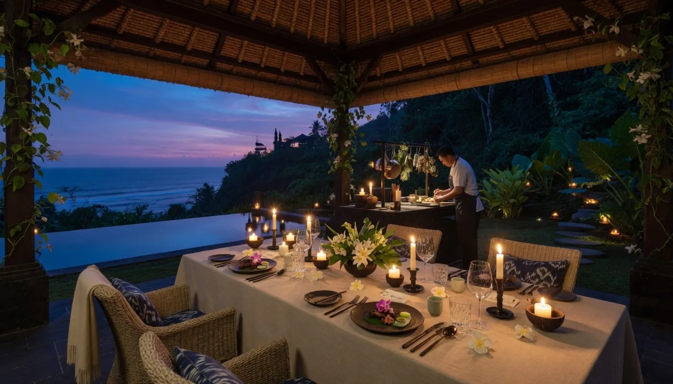 Ultra-luxury Bali estate dining pavilion set for a private chef tasting menu at blue hour