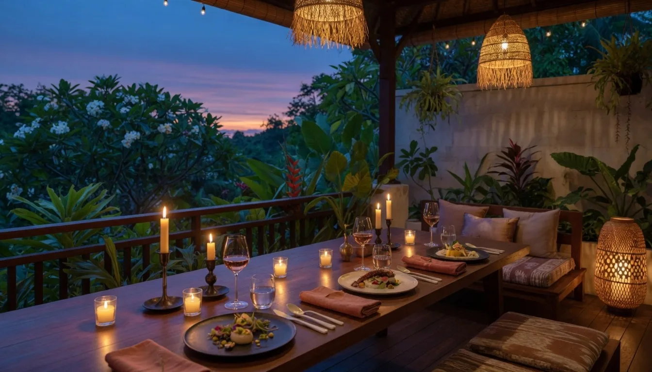 Candlelit private dining table at a Bali villa terrace with plated courses and soft evening light