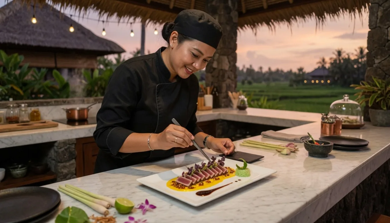 Private chef plating a course in an open Bali villa kitchen for at-home fine dining