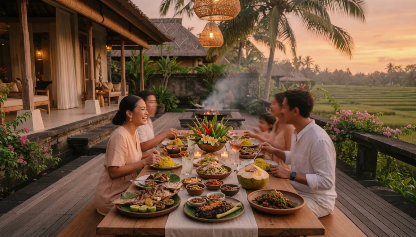 Family-style private dining service on a luxury Bali villa deck at golden hour