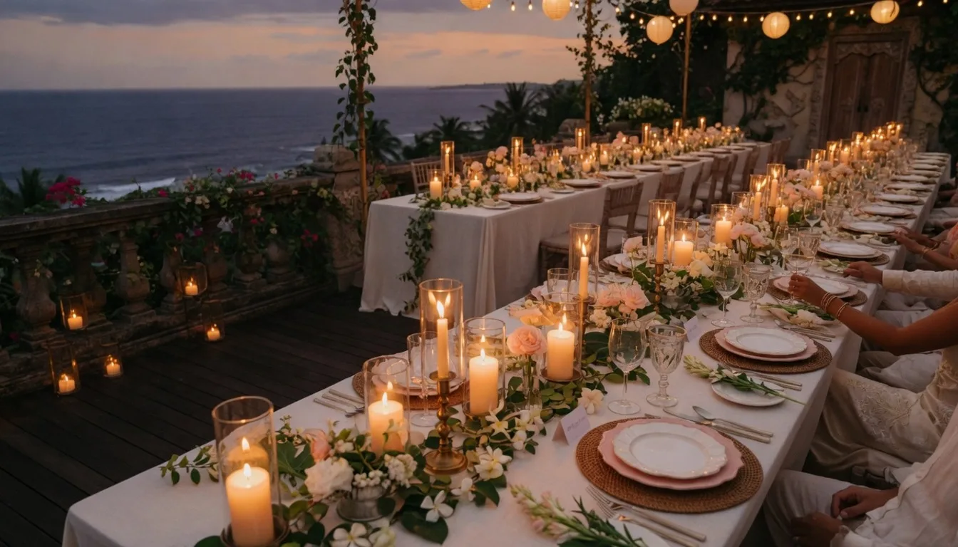 Long candlelit wedding dinner tables at a private Bali estate with ocean backdrop at dusk