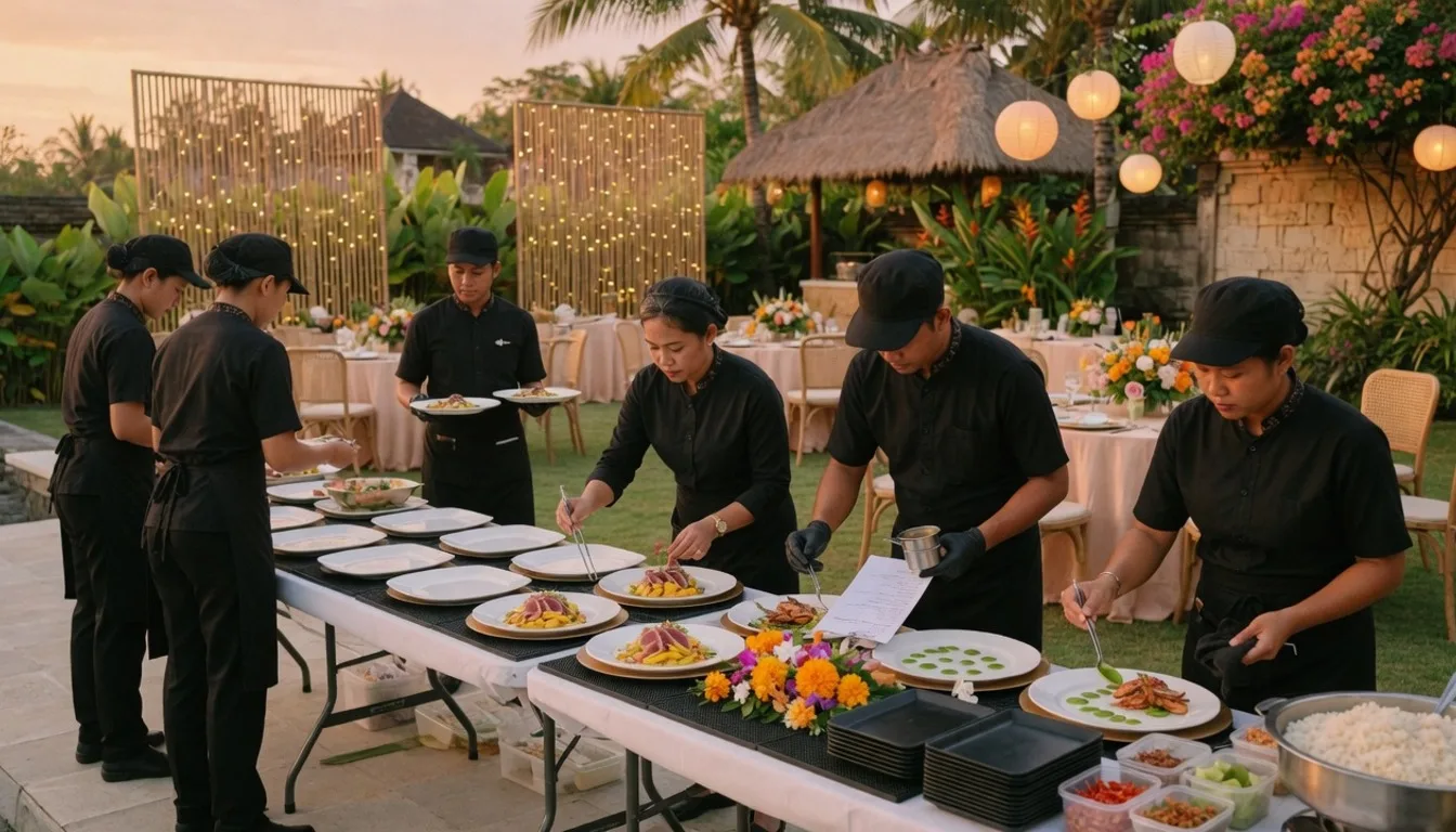 Wedding catering team plating reception courses for a villa celebration in Bali