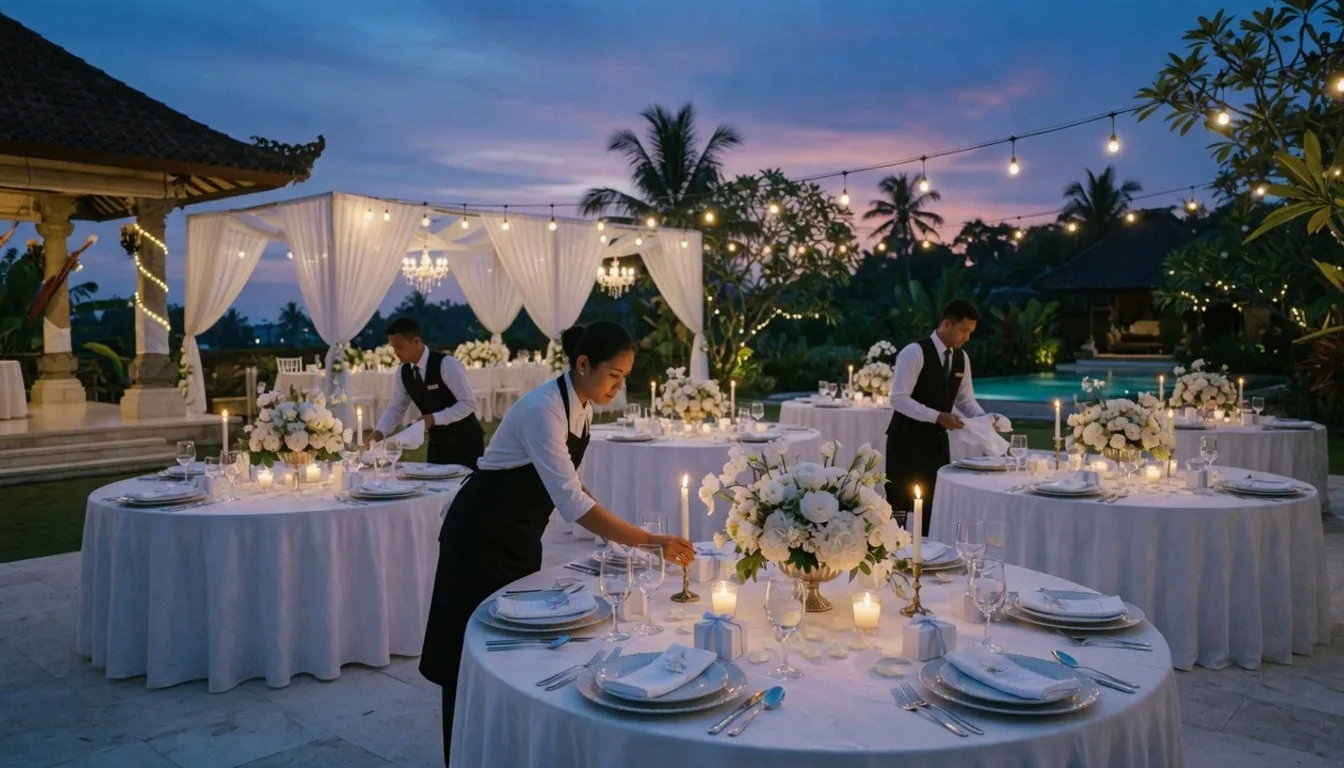 Villa wedding reception setup with florals, place settings and professional hospitality staff