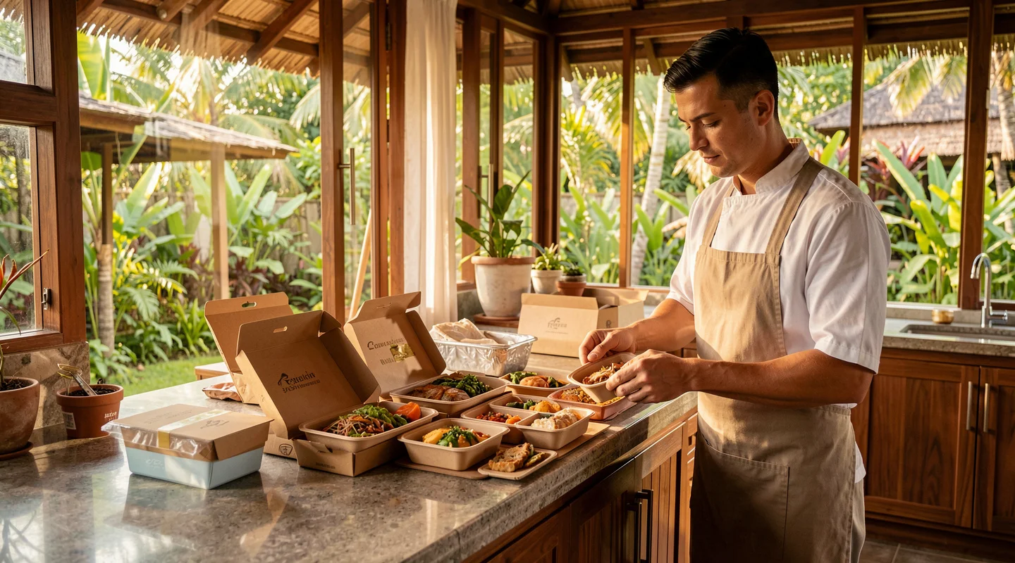 Fresh Indonesian catering spread delivered to a Bali villa ready to serve by the pool