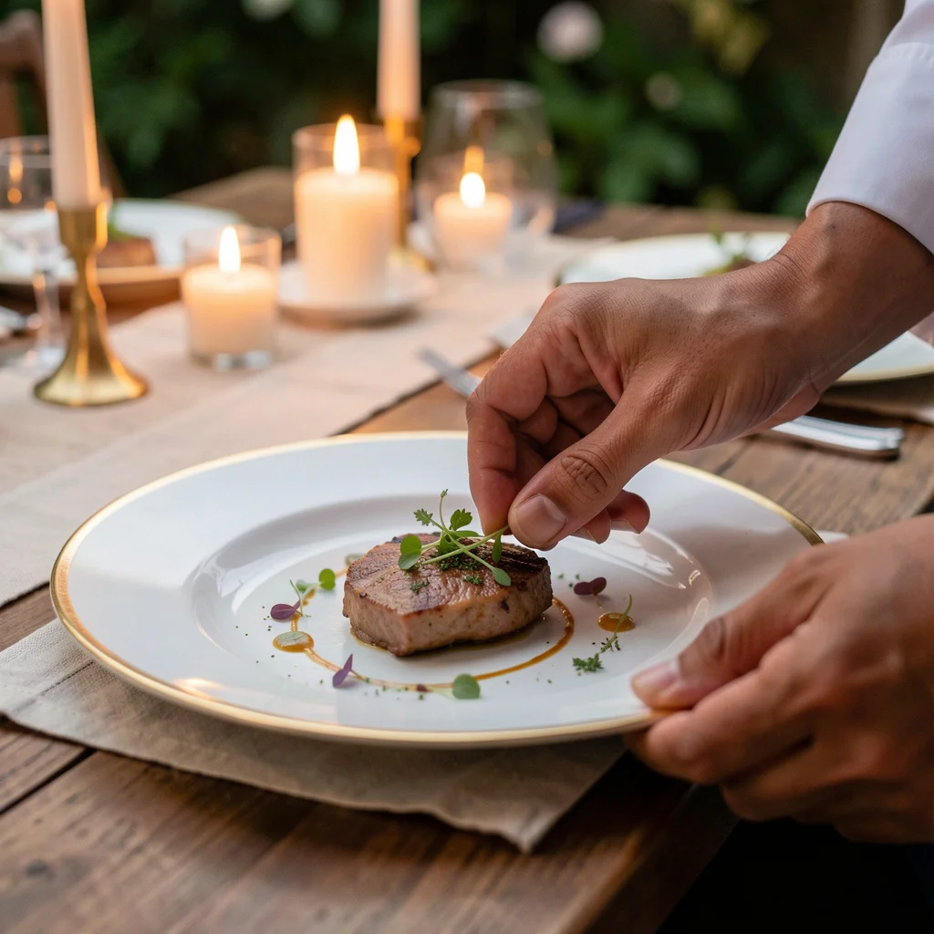 Private chef plating a beautifully composed fine dining course at a luxury villa in Bali