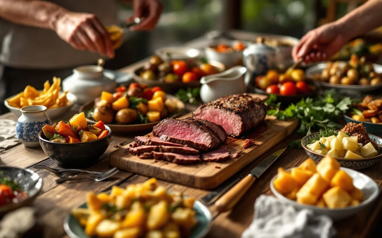 Indonesian private chef preparing a festive Christmas dinner spread in a Bali villa kitchen