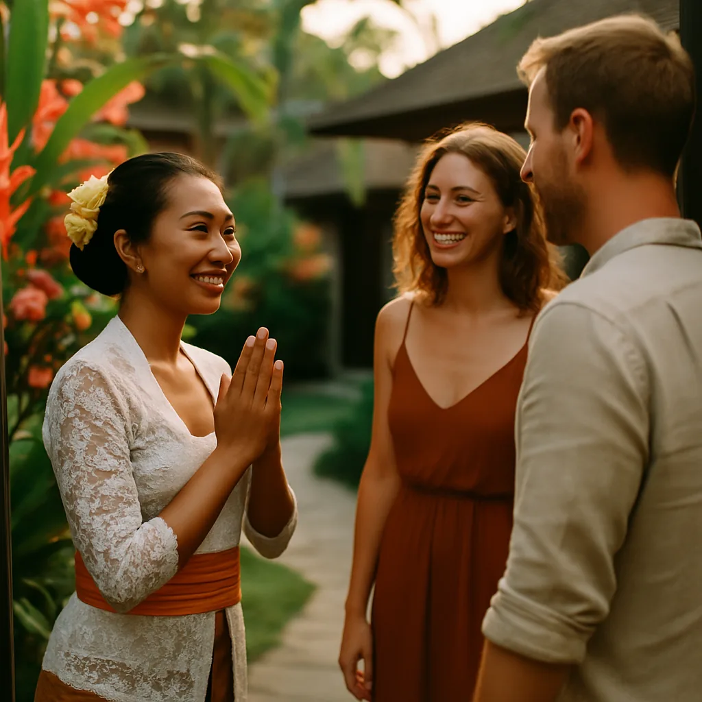 Professional Indonesian event hostess welcoming guests at a luxury villa event in Bali