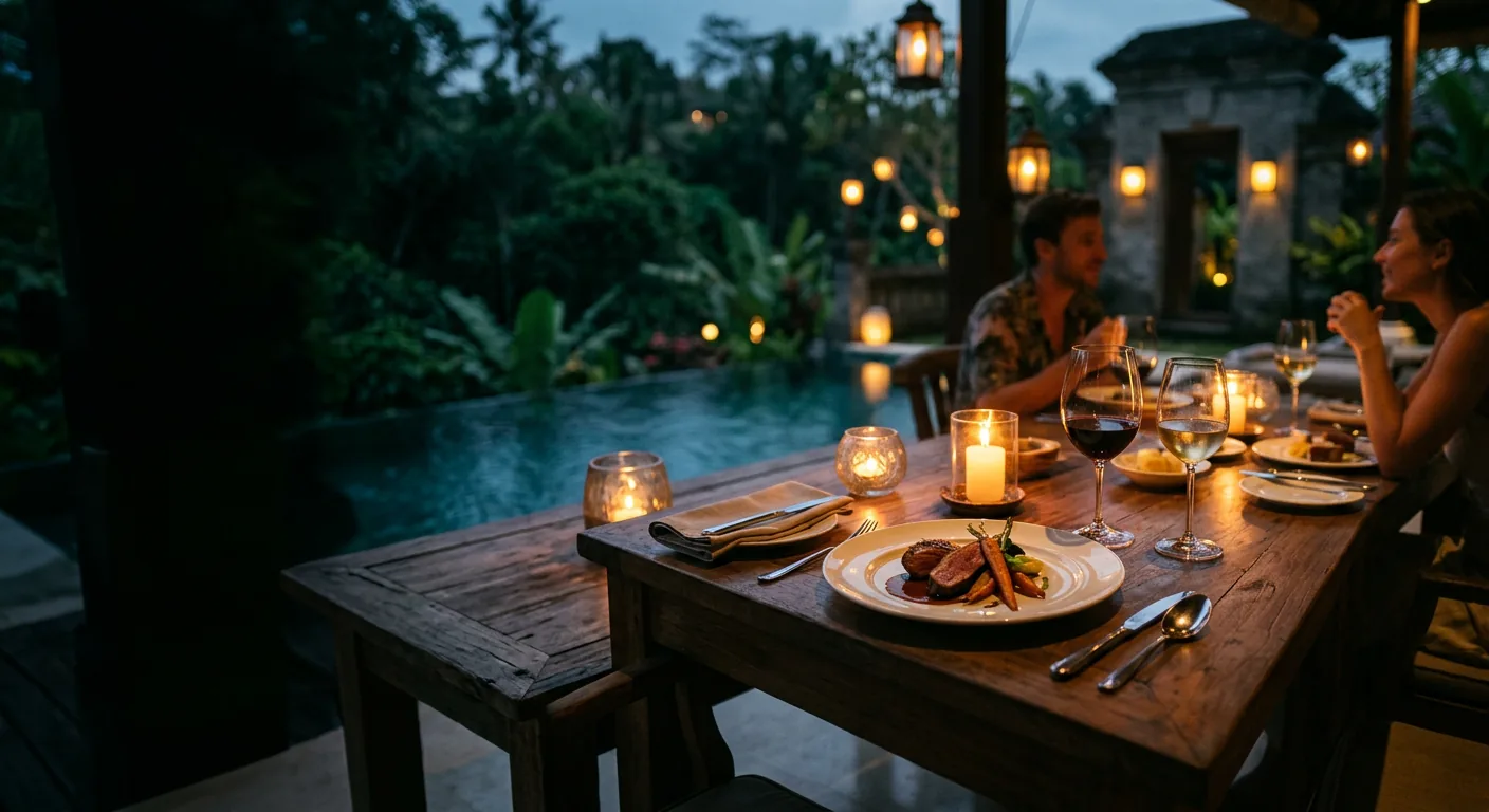 Beautifully plated luxury fine dining course prepared by an executive private chef in an Uluwatu clifftop villa