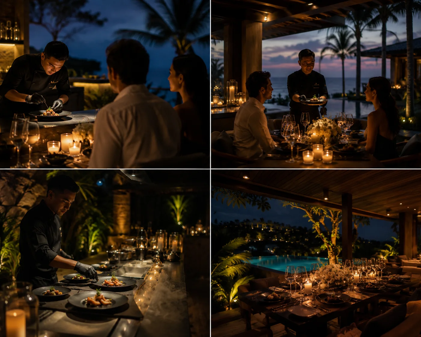 Elegantly plated multi-course tasting menu dish prepared by a private chef in a Bali villa dining room