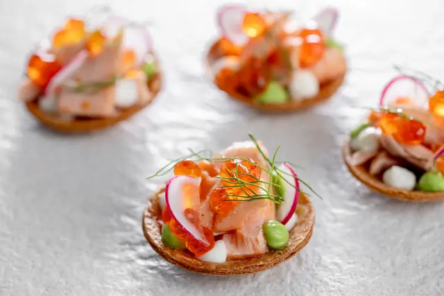 Salmon and salmon roe tartlets with radish and dill