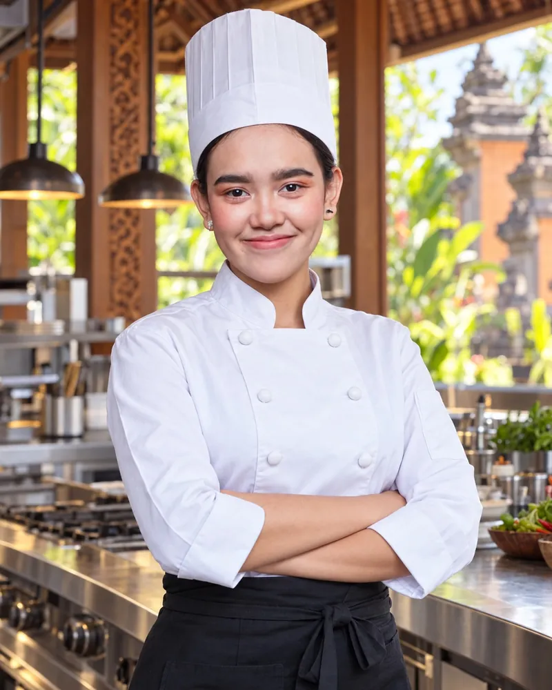 Chef Aulia Miftahul Hidayanti, Private Chef at myCHEF Bali, in a white chef jacket and black apron