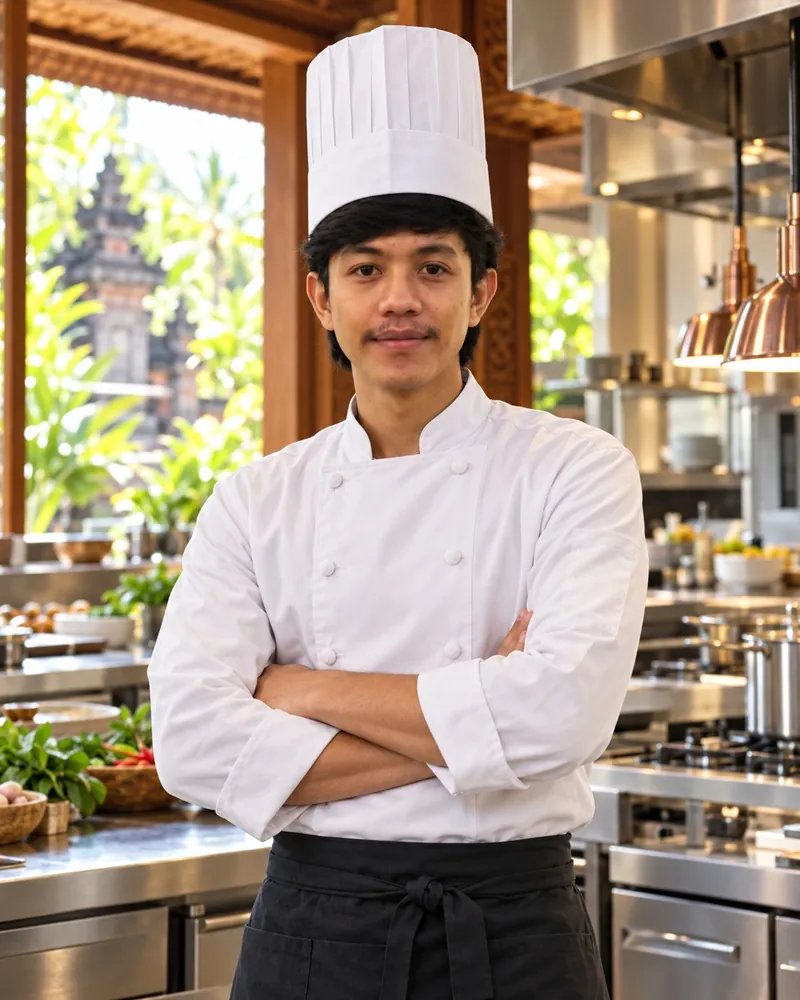 Chef Muhammad Rio Bimono, Private Chef at myCHEF Bali, in a white chef jacket and toque, arms