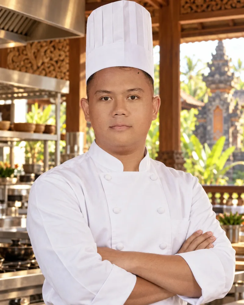 Chef Rully Ernanto, Head Chef at myCHEF Bali, in a white chef jacket and toque, arms crossed in a