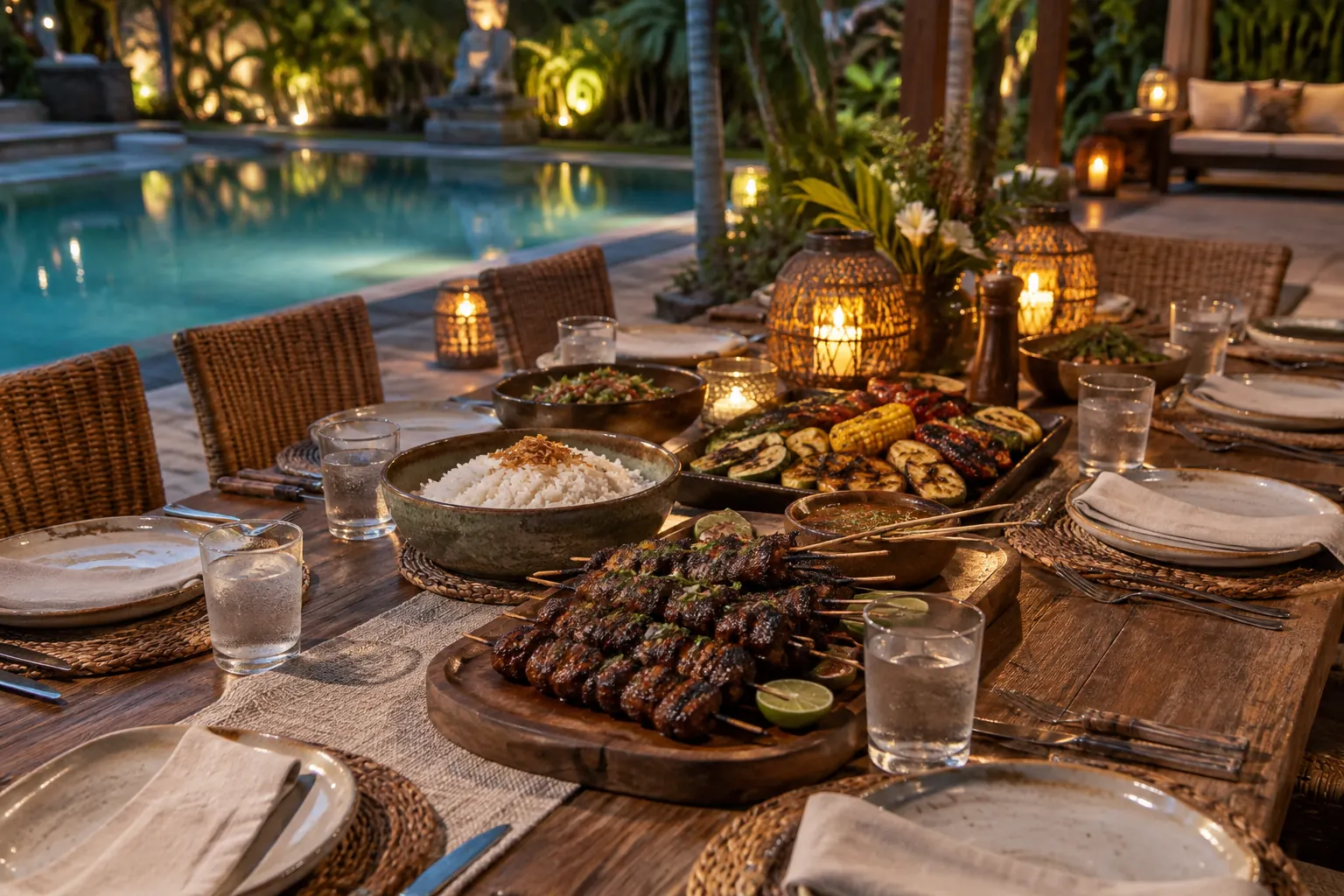 Poolside dinner table with grilled skewers, vegetables and rice