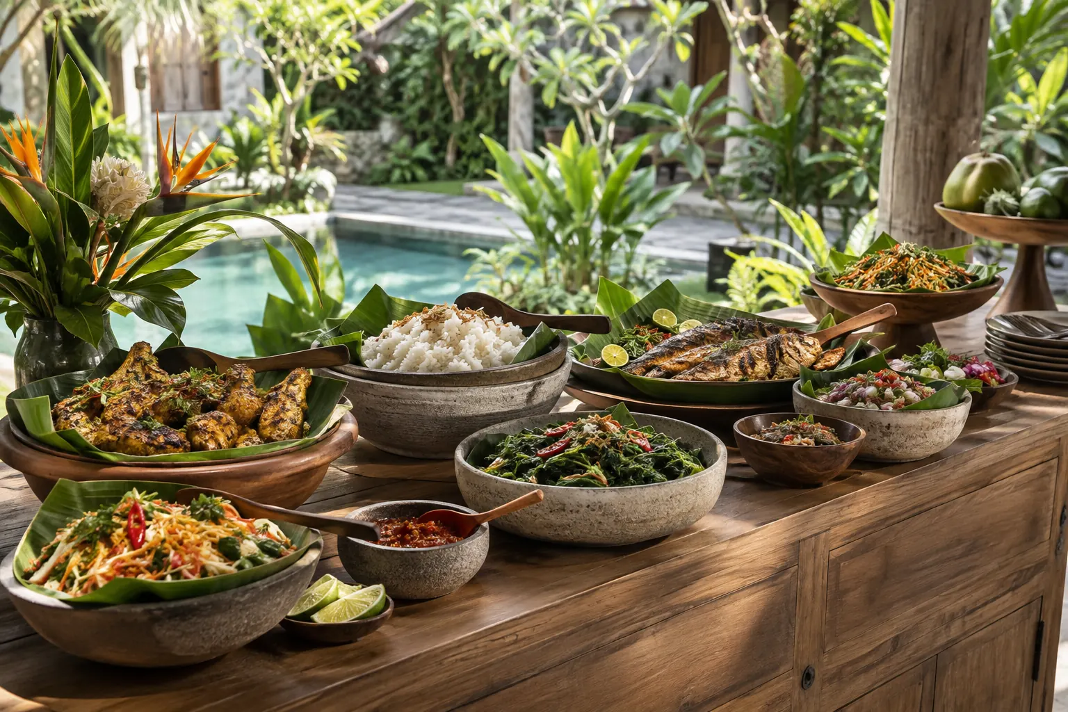 Indonesian dishes arranged in ceramic bowls for a villa buffet