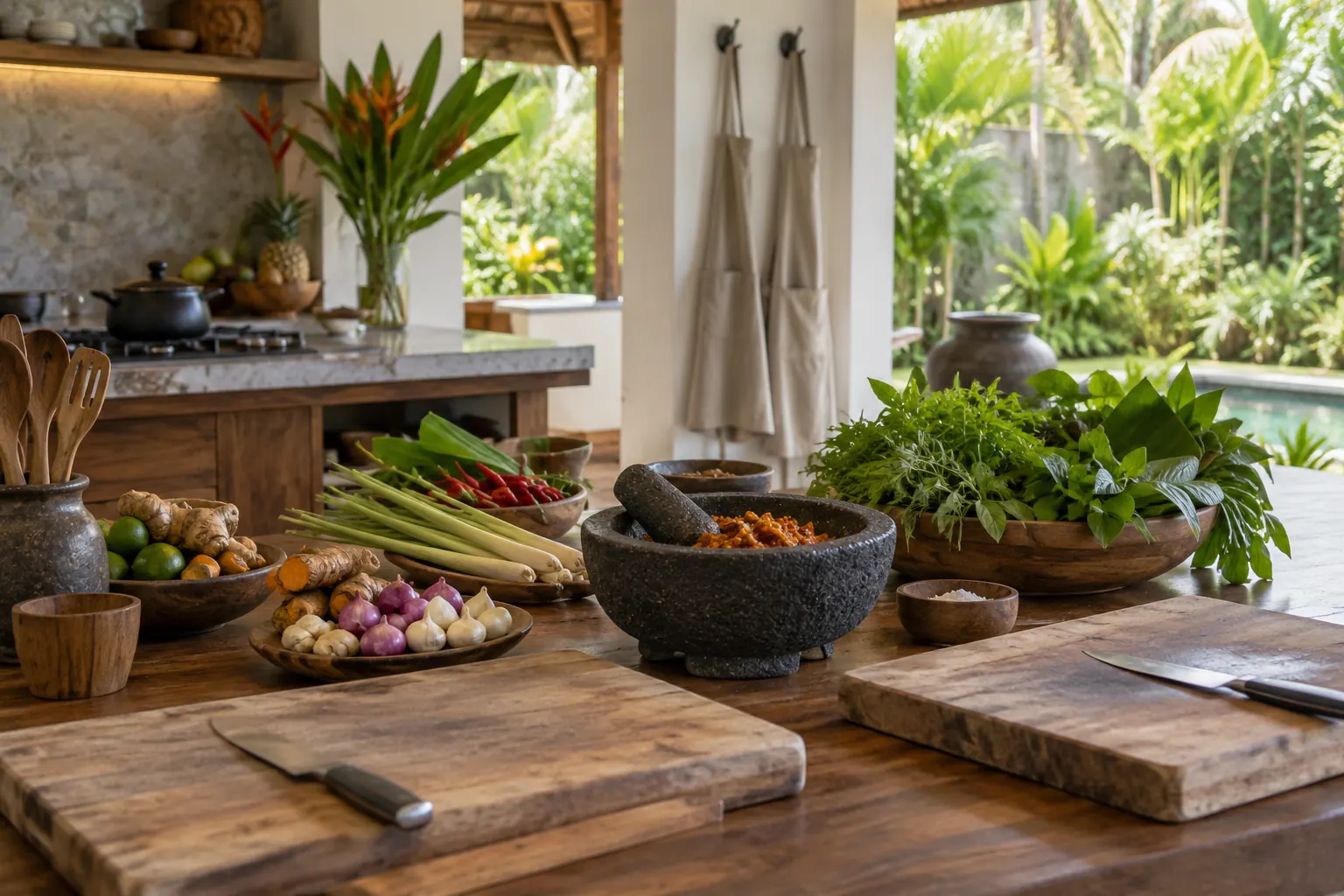 Two cooking stations with spice mortars, ingredients and wooden boards