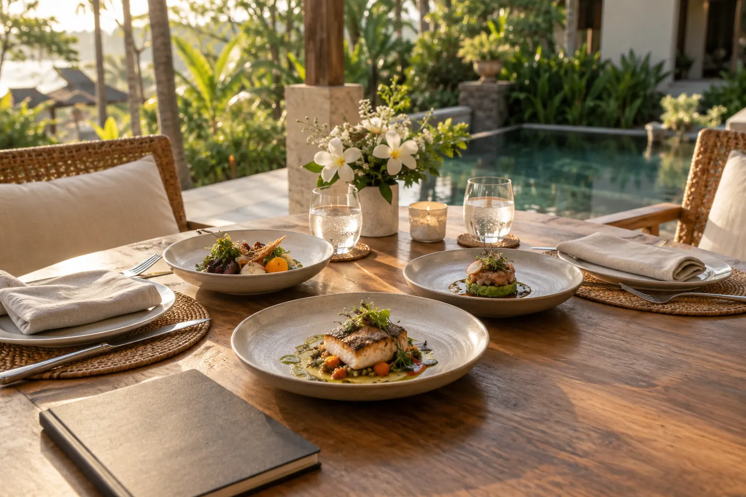 Three tasting plates at an intimate two-place table setting