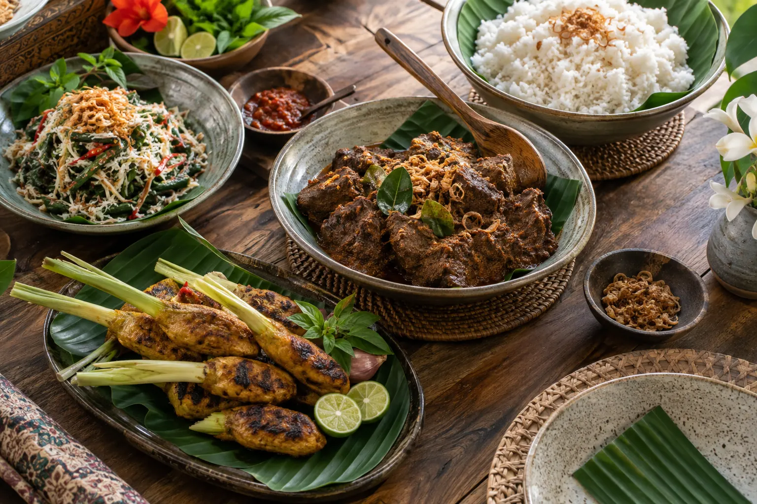 Satay lilit, vegetables, rendang and rice served in ceramic dishes