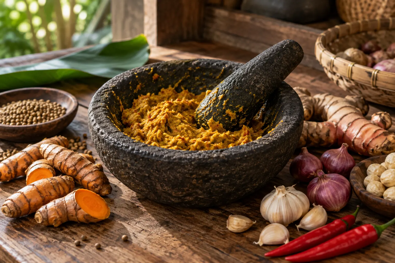 Golden Balinese spice paste in a stone mortar with fresh aromatics