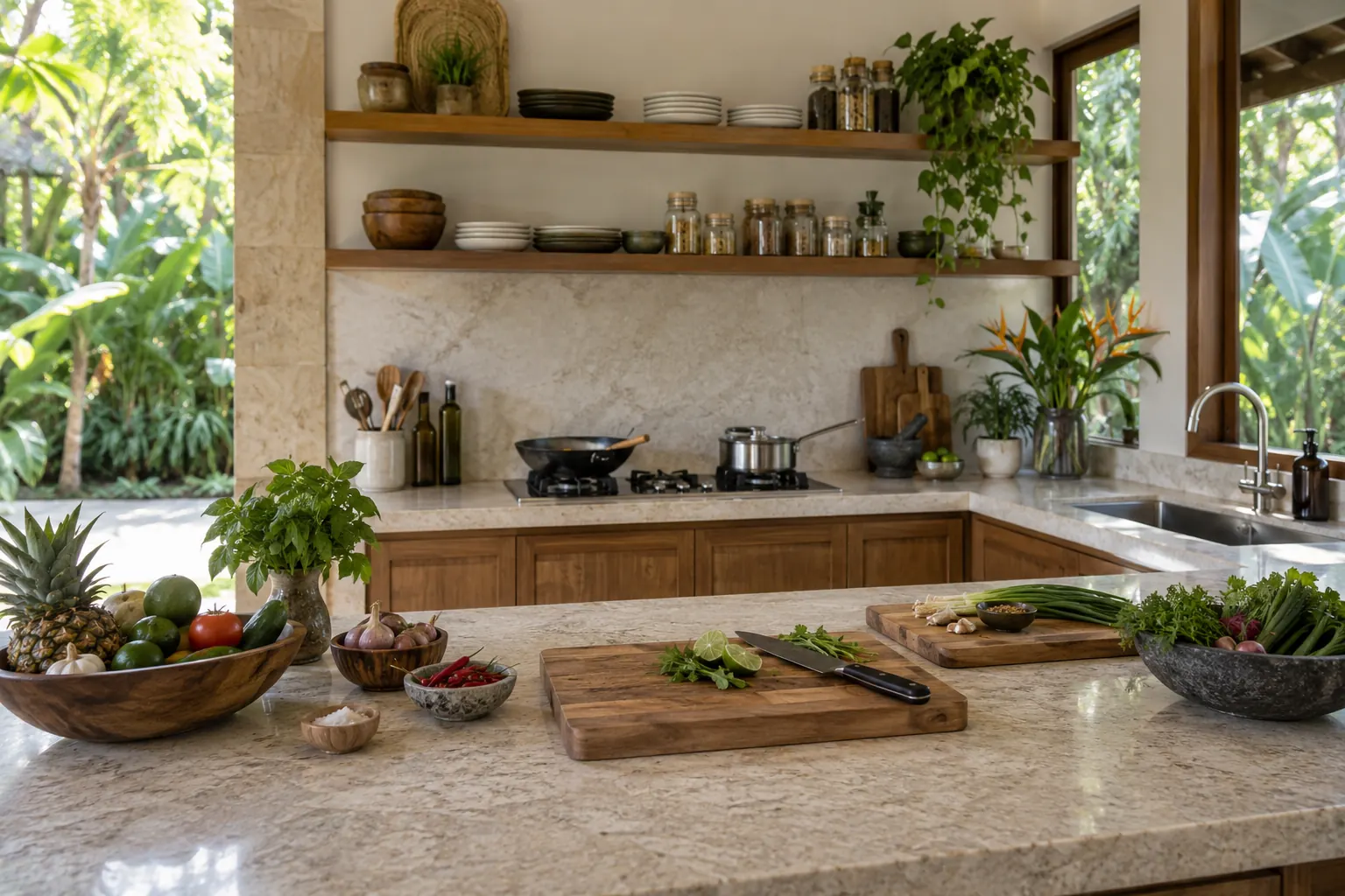 Open villa kitchen with clear preparation counters, a hob and a sink
