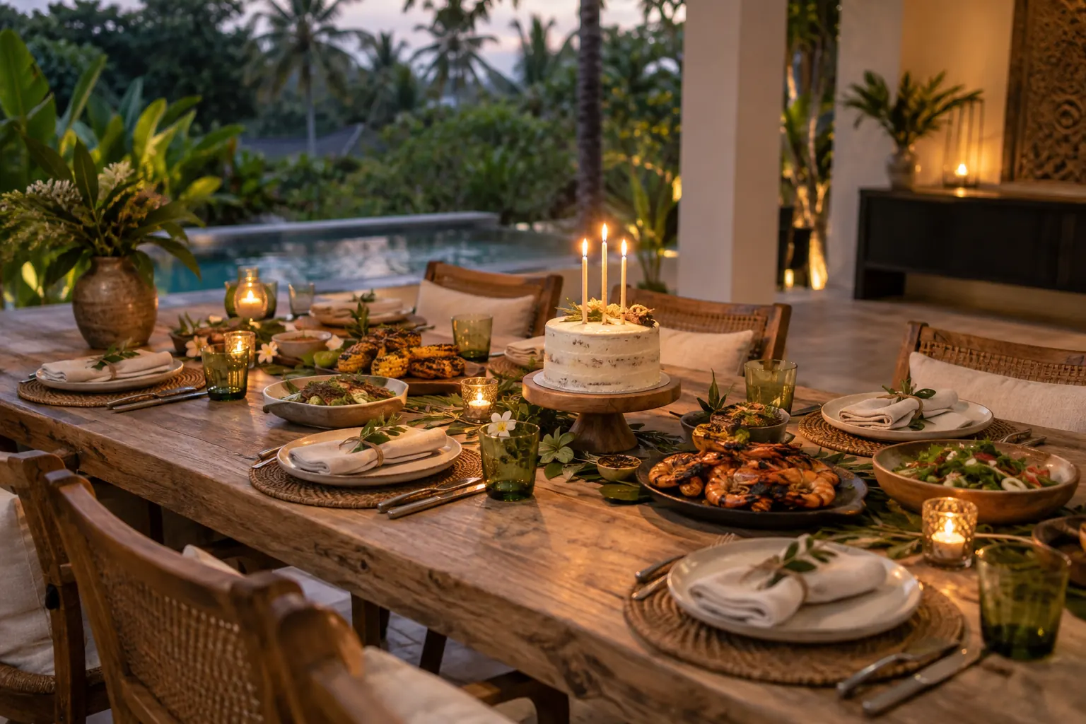Dinner table for six with a small birthday cake and candles