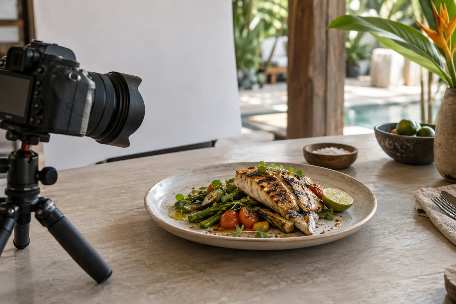 Plated fish beside a camera and reflector for a food photograph