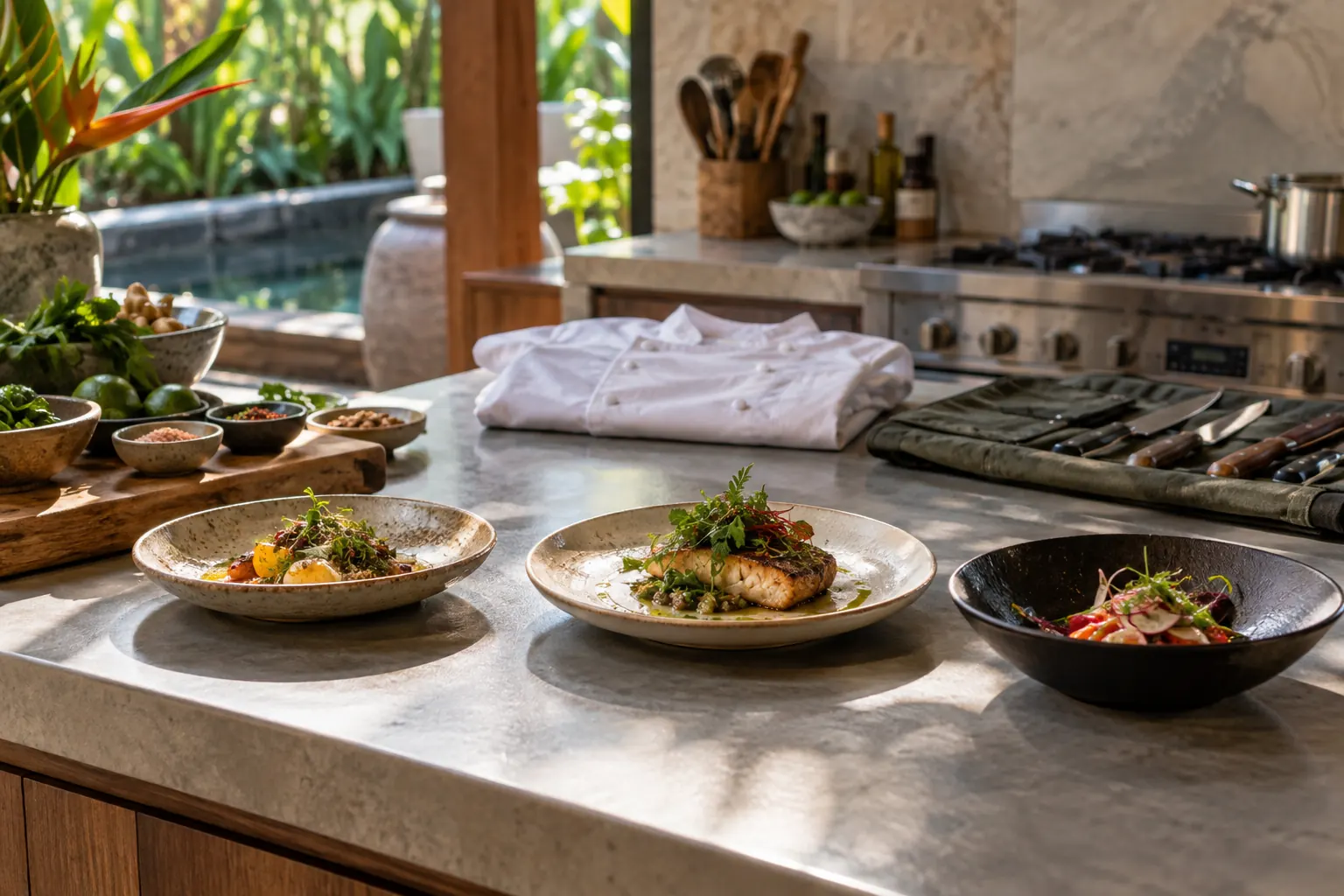 Tasting plates, a folded chef jacket and a knife roll on a kitchen counter