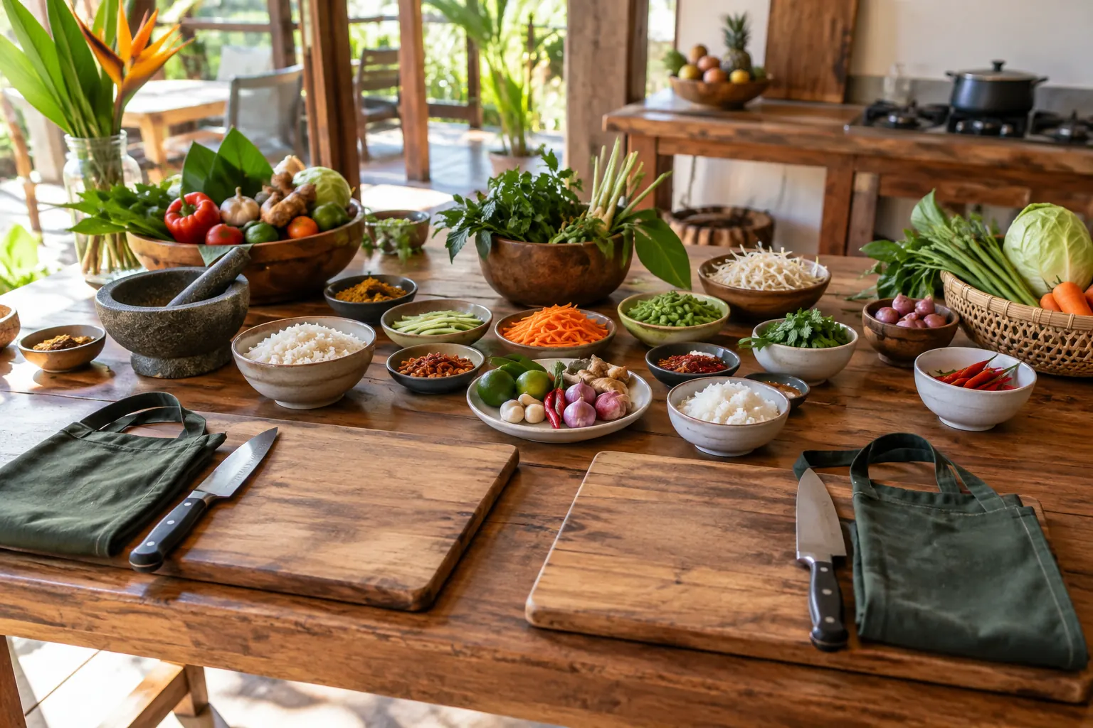 Measured ingredients, cooking boards and aprons ready for a class