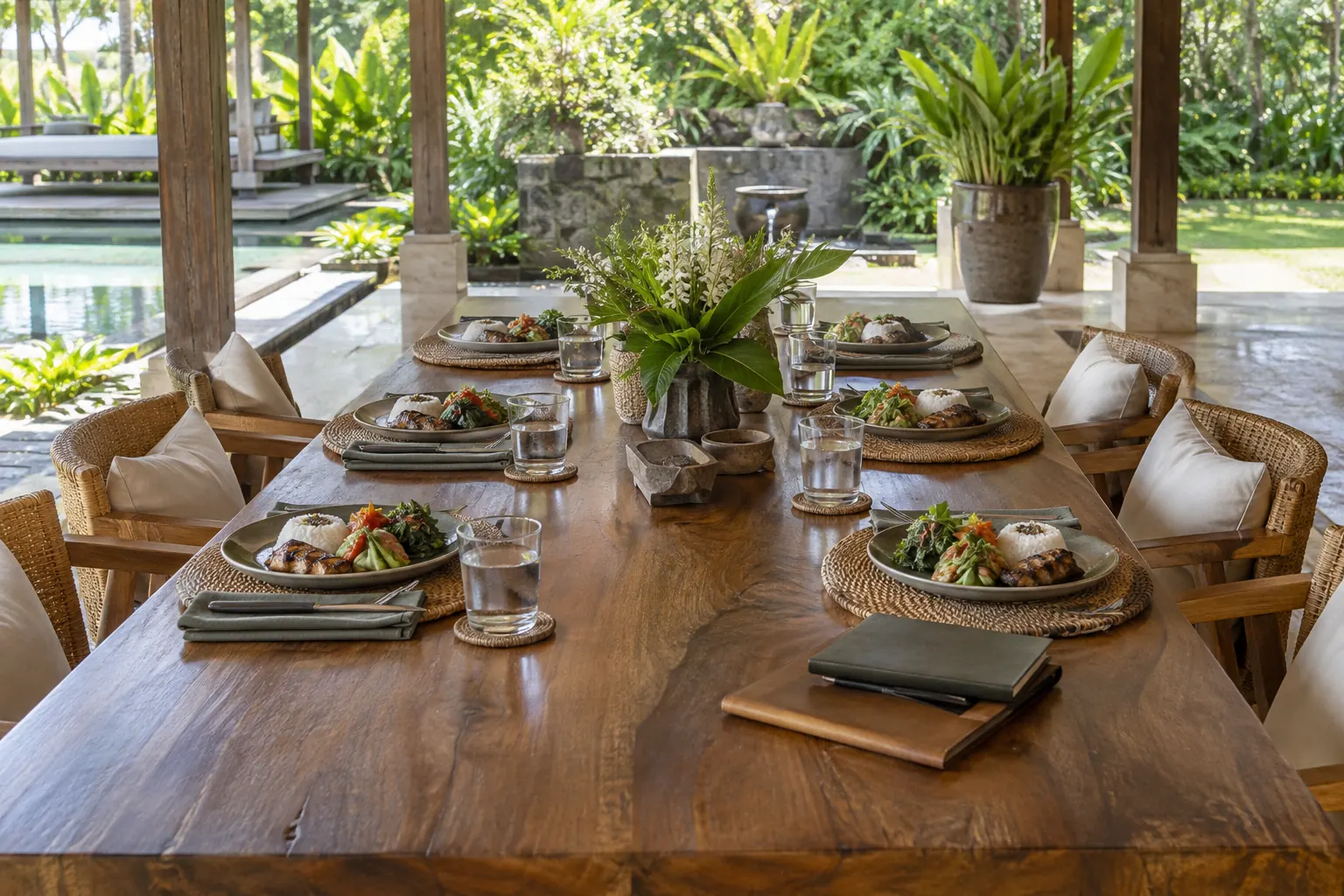 Lunch plates and notebooks set out in a meeting pavilion