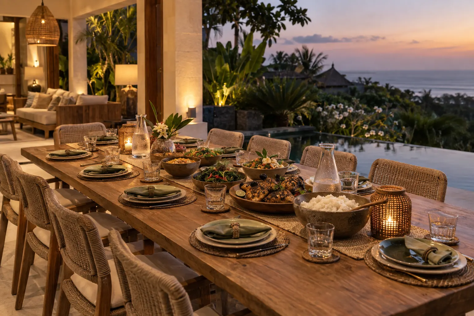 Shared chicken, vegetables and rice on a long villa dinner table