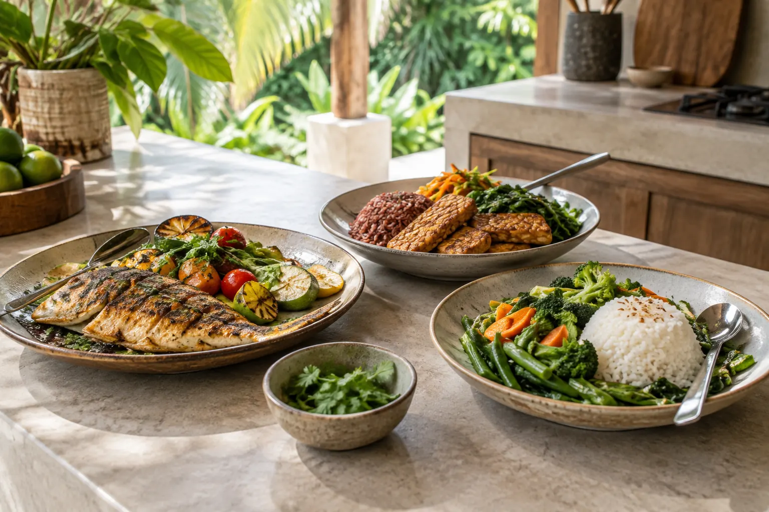 Separate fish, tempeh and vegetable meals prepared on a kitchen counter