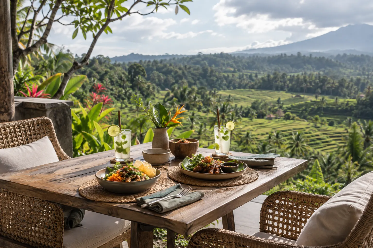 Lunch for two on a terrace overlooking green rice fields