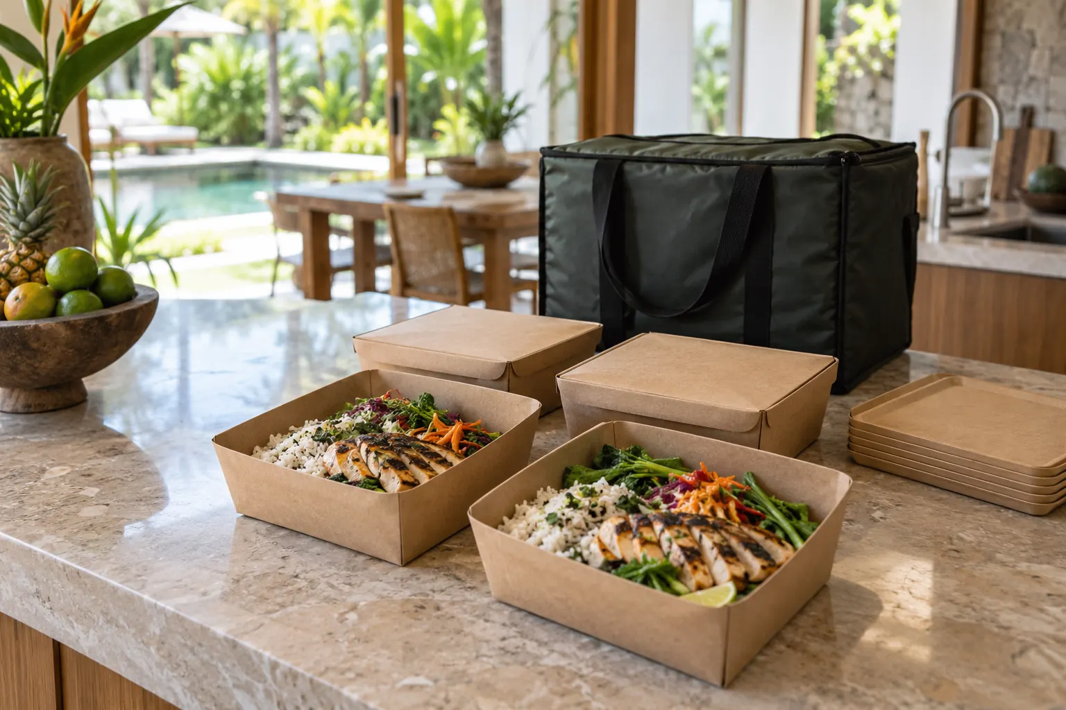 Prepared chicken, rice and vegetable meals in takeaway containers