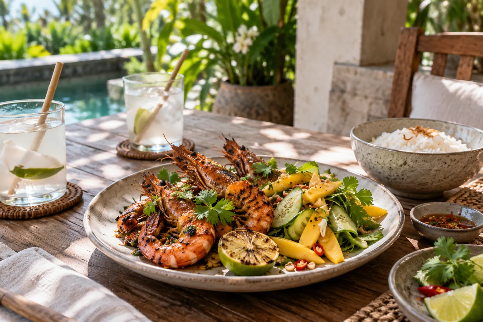 Grilled prawns with mango and cucumber salad on a sunny terrace