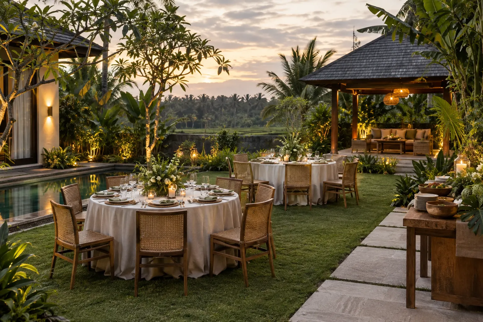 Two garden dining tables with a buffet and covered pavilion nearby
