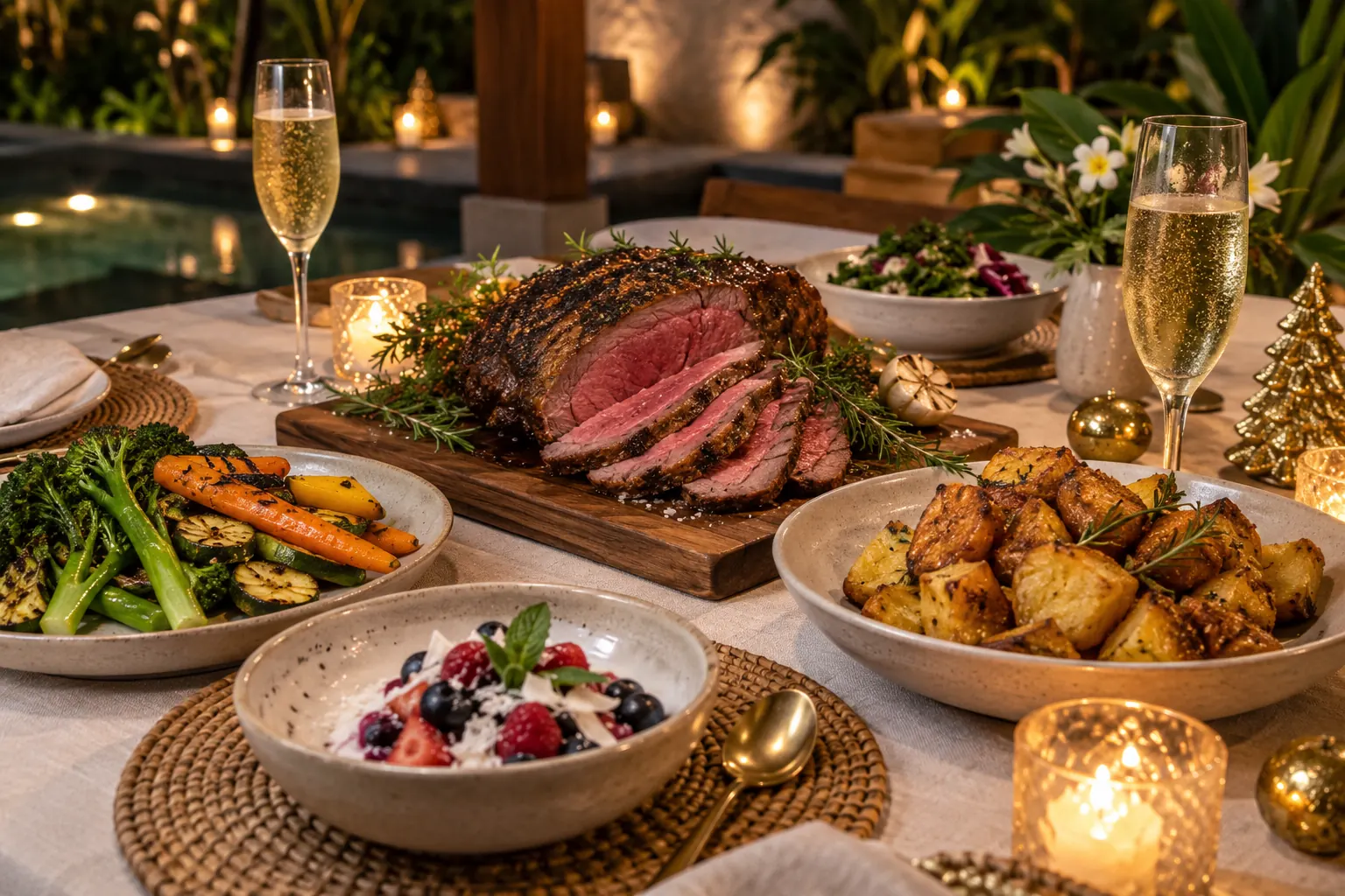Roast beef, potatoes, vegetables and a berry dessert at a festive table