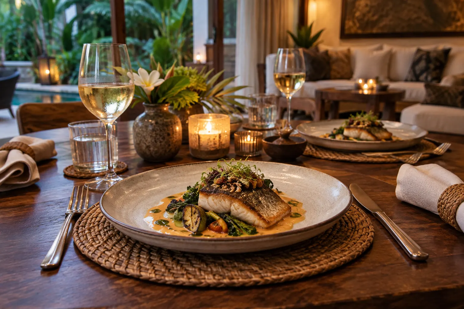Seared fish and vegetables at a candlelit table beside a villa living room